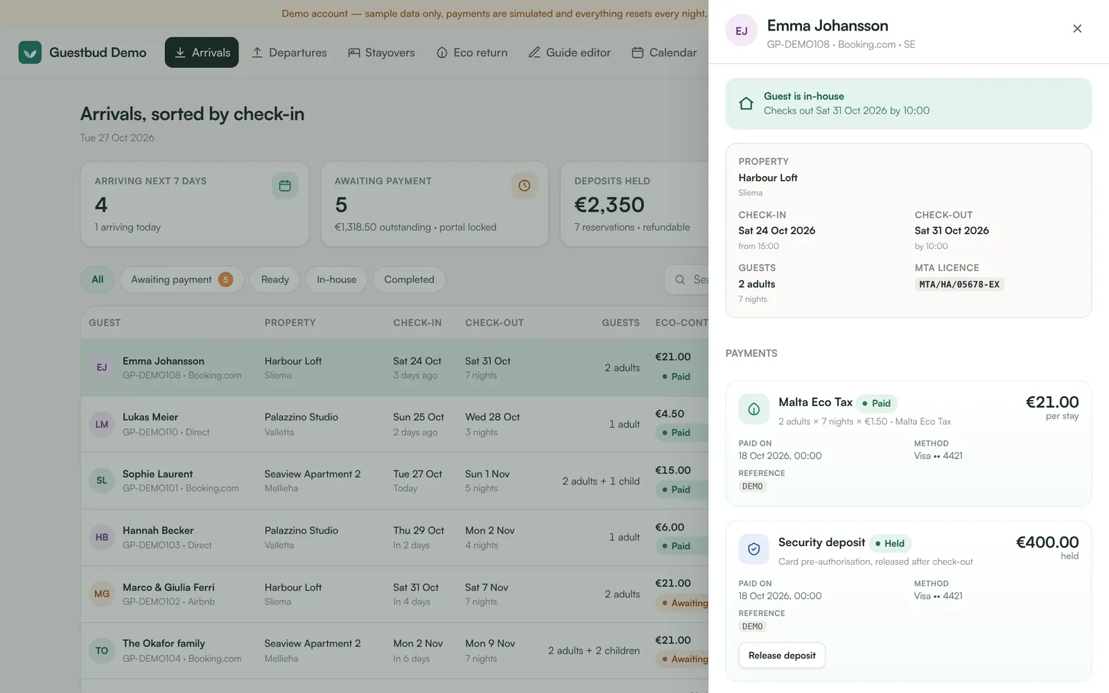 A booking with its payments, check-in and portal link