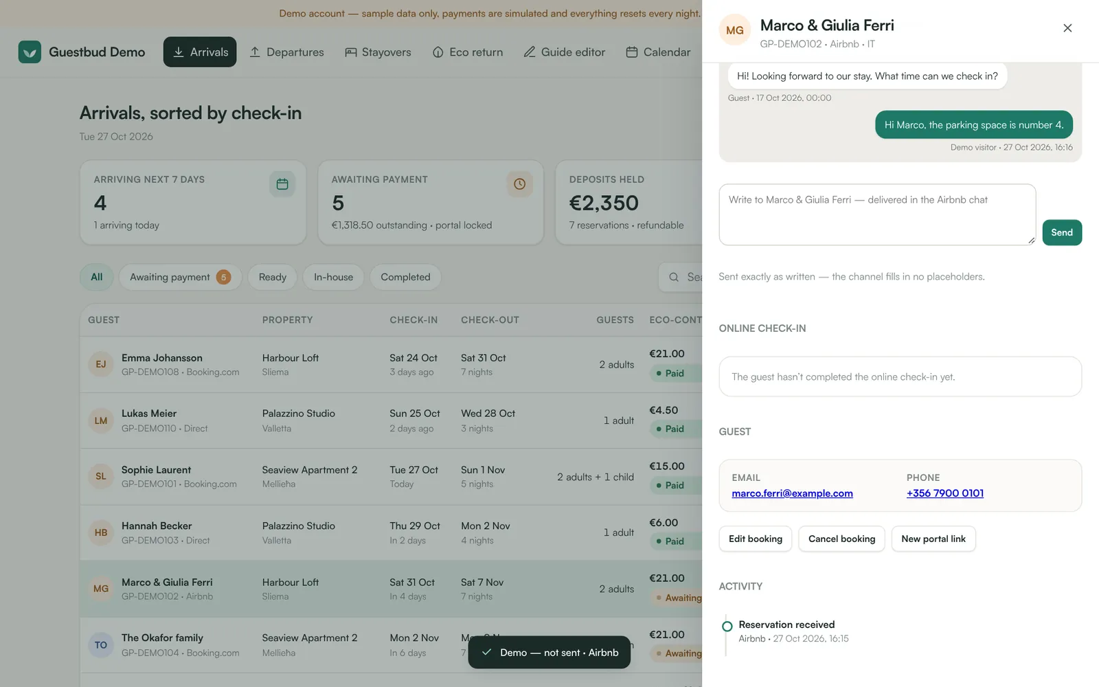 Messages in the booking