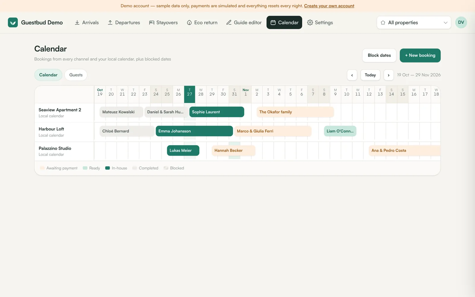 The calendar with bookings and blocked dates