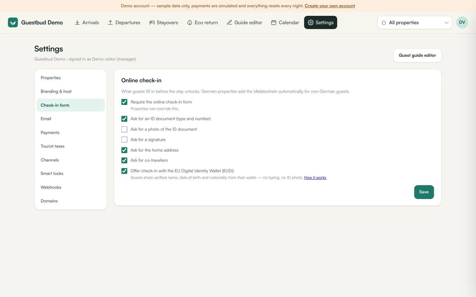 Settings → Check-in form