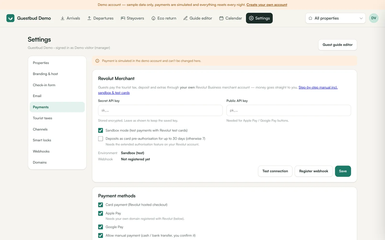 Settings → Payments: Revolut keys, sandbox mode and payment methods