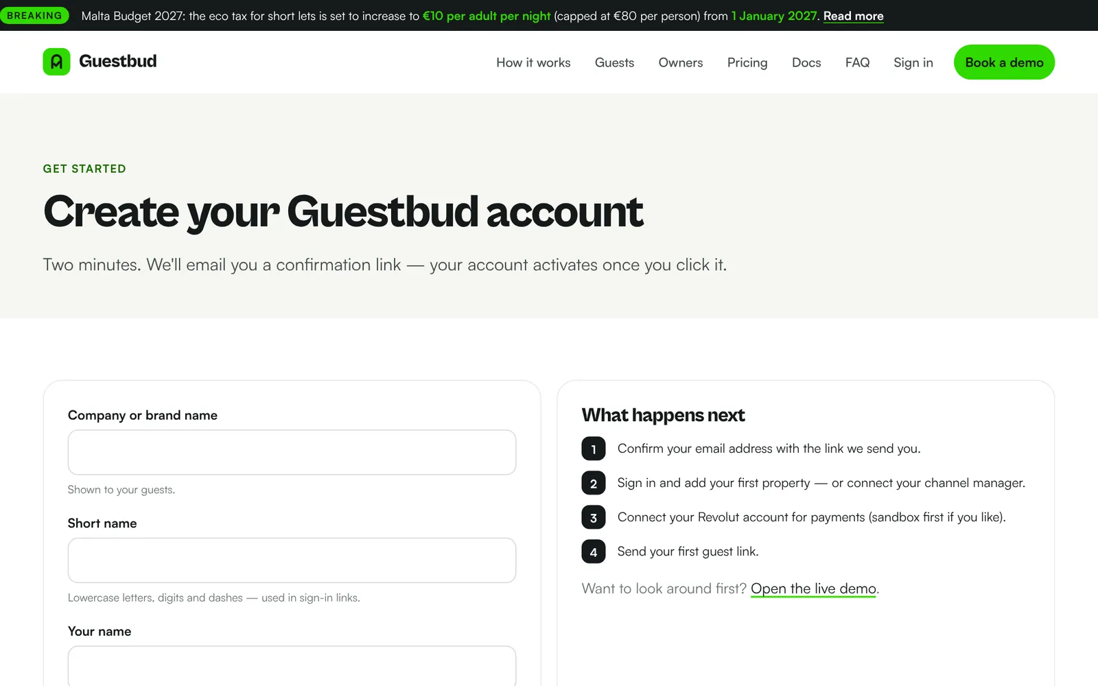 The sign-up page