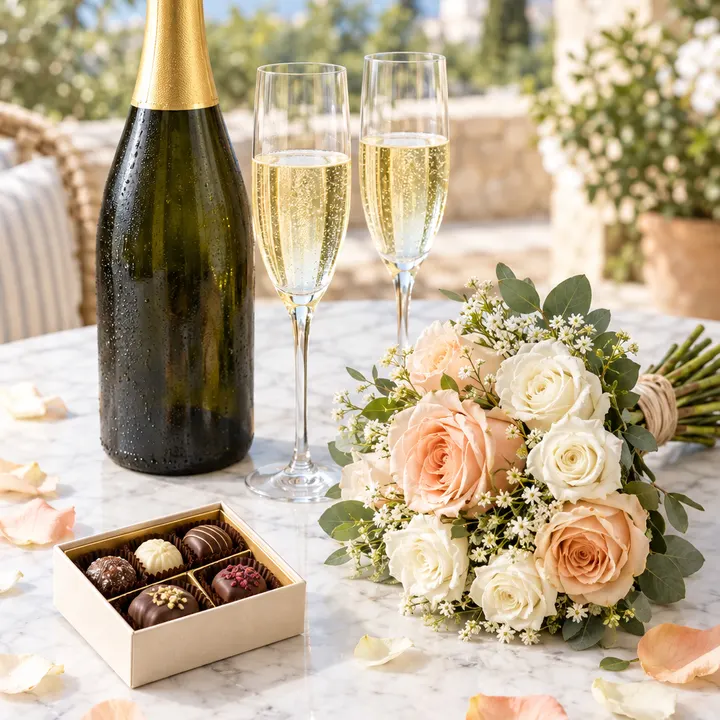 Celebration set with sparkling wine and flowers