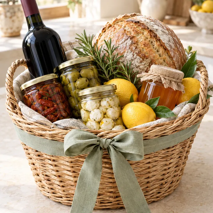 Maltese welcome hamper with local wine, cheeselets and bread