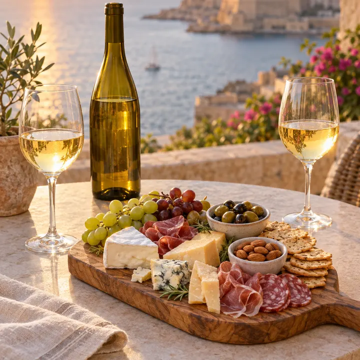 Bottle of Maltese wine with two glasses